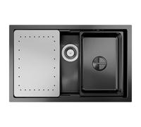 CECIPA Évier de cuisine noir anthracite 70 x 44 cm en acier inoxydable avec planche à découper, évier intérieur de rechange, siphon avec garniture de trop-plein, lavabo de cuisine, encastrable sans