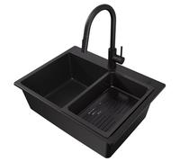 CECIPA Évier de Cuisine Noir avec Robinet Extensible 60 x 45 cm, Évier de Cuisine en Granit avec Panier-Passoire, Siphon et Ensemble d'Évacuation