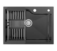 CECIPA Évier de cuisine noir en acier inoxydable 60 x 45 cm avec panier d'égouttement, évier de cuisine noir avec trou pour robinet à partir de 60 cm, évier encastrable en acier inoxydable avec siphon