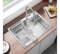 CECIPA Évier en acier inoxydable 60x45 cm, évier encastrable en acier inoxydable avec bac de vidange, évier de cuisine avec trou de robinet pour à partir de 60 cm, lavabo en acier inoxydable avec