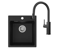 CECIPA Évier en granit noir 40x45 cm avec robinet de cuisine extractible en acier inoxydable, évier de cuisine rectangulaire, lavabo de cuisine encastré, évier de cuisine avec robinet de lavabo noir à