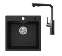 CECIPA Évier en granit noir 45x45 cm avec robinet de cuisine extractible en acier inoxydable, ensemble évier de cuisine avec 2 trous pour robinet, évier de cuisine d’angle, lavabo avec mitigeur de