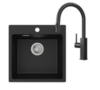 CECIPA Évier en granit noir 45x45 cm avec robinet de cuisine extractible en acier inoxydable, ensemble évier de cuisine avec 2 trous pour robinet, évier de cuisine angulaire, lavabo avec robinet de