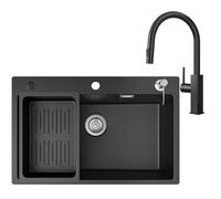 CECIPA Évier en granit noir 70 x 45 cm avec robinet de cuisine, évier encastrable, pour meuble bas de 70 cm, robinet extensible avec fonction douchette
