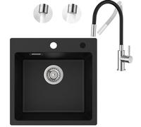 CECIPA Évier Encastrable Rectangulaire Granit Noir 45x45 Cm, Mitigeur Flexible À 2 Types De Jets D'eau, Style Moderne