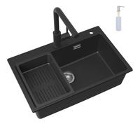 CECIPA Évier Granit Noir 70x45 Cm Avec Robinet Extractible X203B, Grand Bac Encastrable Compatible Meuble 80 Cm, Livré Avec Siphon Et Trop-Plein