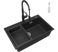 CECIPA Évier Granit Noir 70x45Cm Grand Bac, Robinet Avec Douche Extractible, Encastrable Pour Meuble 80Cm, Ensemble Vidange Inclus