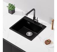 CECIPA Evier Noir 50x45cm, Évier Cuisine en Granit, Cuve Simple, 80% Sable Quartz Évier Cuisine, Siphon et Trop-plein Inclus