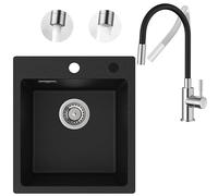 CECIPA Évier Rectangulaire Encastrable Granit Noir 40x45 Cm, Mitigeur Flexible À 2 Modes De Jet D'eau, Design Moderne
