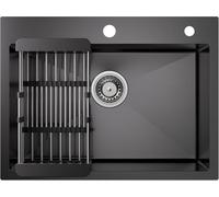 CECIPA max Évier de Cuisine Noir Anthracite 60 x 45 cm, Évier Carré en Acier Inox 201 avec Égouttoir et Siphon, 2 Trous de Robinetterie, Cuve Simple à Encastrer