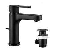 CECIPA Robinet Lavabo avec Tirette, Robinet Lave Main avec ec Haute Pression 112,5 mm, Robinetterie Mitigeur Monocommande Eau Chaude/Froide Pour WC et Salle de Bain (Noir Mat)