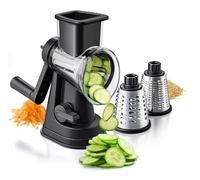 CÉCOA • Râpe Rotative Professionnelle 3 Tambours • Mandoline Manuelle à Ventouse • Coupe Légumes, Fromage, Fruits & Chocolat • Julienne, Lamelles & Copeaux • Acier Inoxydable • Démontable Lave-Vaissel