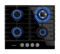 Cecotec Plaque à gaz Bolero Squad G 4200F Glass Black. Plaque à gaz avec 4 feux, finition verre noir, puissance 8000W, grilles complètes, brûleur WOK triple couronne et sécurité des vannes.