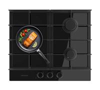 Cecotec Plaque de Gaz 3 Feux Bolero Squad G 3400F Verre Noir, 6,2kW, Verre Noir, Grilles en Fonte, Brûleur WOK Triple, Allumage Électronique, Sécurité Valves, accessoire de conversion