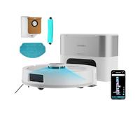 Cecotec Robot Aspirateur - Base Auto Vidange 3L - IA - 2500Pa - Conga Y90 Pearl. Autonomie 240min en Mode Éco, Brosse Silicone, Idéal Maisons avec Animaux, Bluetooth et WiFi, 2 Serpillières