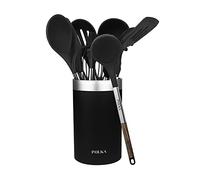 Cecotec Ustensiles De Cuisine en silicone Polka Excellence Force. Set de 9 pièces noir, revêtement Soft Touch et manche effet bois. Matériaux : silicone, nylon et PP, inclut Holder Polka