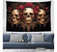 CEDNXOER Halloween Tapisserie Murale Grande 100x150 cm Roses Crânes Rétro Tenture Art Murale Tapisserie Format Spécial Crâne Tissu Suspendue pour Décoration Maison Chambre Salon, Noir