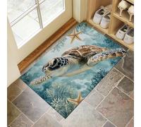 CEDNXOER Paillassons Intérieur Élégance Tortue Corail, Paillassons Souples Lavables en Machine Océan Animaux, Paillasson Bleu Absorbant à Profil Bas pour Porte Arrière Avant 90 x 150 cm