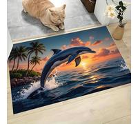CEDNXOER Paillassons Intérieur Motif Île Tropicale, Tapis Souples Lavables Coucher Soleil Dauphins, Paillasson 45 x 75 cm Absorbant Antidérapant À Profil Bas pour Entrée Porte Avant Chiens, Bleu