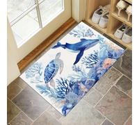 CEDNXOER Tapis De Porte D'EntréE 45 x 75 cm, Paillasson Interieur Antidérapant Tortues Baleines, Paillasson Entrée Lavable Bleu, Tapis D'Porche Intérieur Absorbant Et Durable Animaux Marins
