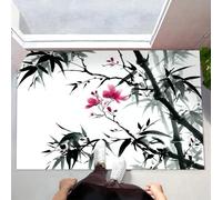 CEDNXOER Tapis de Porte Lavable Noir, Paillasson de Sol Antidérapant à l'intérieur Bambou Fleurs, Paillasson de Porte Avant Intérieur Chine Peinture À L'Encre, Tapis Mince Absorbant 90 x 150 cm