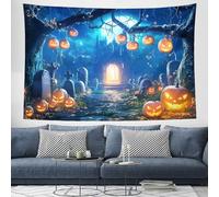 CEDNXOER Tapisserie Salon Murale Tenture Citrouilles Fantômes Décoration De Forêt Enchantée Pierres Tombales Halloween Hippie Chic Tableau Bleu Murale Salon Tenture Chambre 100x150 cm