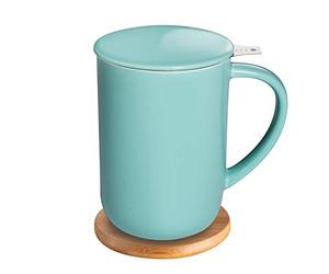 CEEFU Tasse à thé en porcelaine avec infuseur et couvercle, avec filtre et dessous de verre, tasse à thé en vrac, 473 ml, pour thé, café, lait, femme, bureau, maison, cadeau (Turquoise)