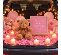 Ceenna Will You Be My Girlfriend Ensemble de panneaux à lettres avec nœud | Bougies LED avec pétales de rose rose, cadeau ours en peluche avec nœud, décorations romantiques, planche en feutre pour une