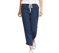 Cegerne Pantalon d’été en Lin pour Femmes 7/8 Pantalon de Plage décontracté en Coton léger, Bleu Marine, L