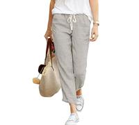 Cegerne Pantalon d’été en Lin pour Femmes 7/8 Pantalon de Plage décontracté en Coton léger, Gris, 3XL