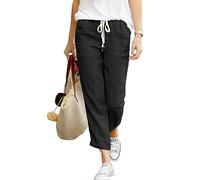 Cegerne Pantalon d’été en Lin pour Femmes 7/8 Pantalon de Plage décontracté en Coton léger, Noir-l, L