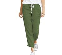 Cegerne Pantalon d’été en Lin pour Femmes 7/8 Pantalon de Plage décontracté en Coton léger, Vert-l, L