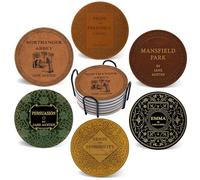 Cegkuc Lot de 6 dessous de verre pour boissons avec support, en liège absorbant, romans de Jane Austen pour tasse, bureau, table, cuisine, décoration de maison, cadeaux de pendaison de crémaillère