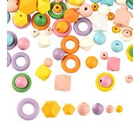 CEHJZQRPL Lot de 120 perles en bois naturel peintes, ovales, rectangulaires, étoiles, plates, rondes, cœur, carrées, perles d'espacement en bois.(Round+Ring+Polygon)