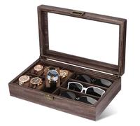 CeiBand Bois Boîte à lunettes en Cuir Écrin Boîte Montres pour 6 montres et 3 pièces de Rangement lunettes de soleil (39 * 21.5 * 8.5cm)