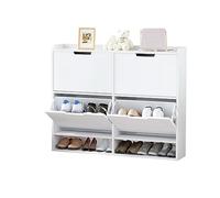 CEIEVER Armoire à chaussures à 4 abattants - Étagère à chaussures étroite - 100 x 19 x 91 cm - En bois massif de qualité supérieure - Pour entrée, couloir - Blanc