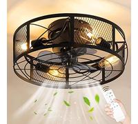 Ceiling Fan with Lighting and Remote Control E27 Retro Industrial Ceiling Fan Lights Black Metal Cage Ceiling Lamp Silent invisible Ceiling Fan Chandelier for Bedroom Living Room Dining Room Office