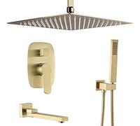 Ceiling Mount Brushed Gold Bathroom Brass Ceiling 10-12 inch Rainfall Shower Faucet Mixer Set with Tub Taps, Shower Set,10 inch