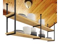 Ceiling Shelf Hanging Kitchen Pot Pan Rack - 2 Layer Overhead Storage Shelves Decorations Organiser Shelving with Solid Wood Partition and Metal Frame(110x30x80cm)
