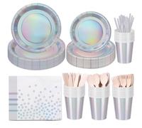 CEILIWEN Ensemble de fournitures de fête irisées pour 25 invités, 200 pièces avec assiettes et serviettes en papier holographique pour anniversaire, mariage, anniversaire de mariage Argenté