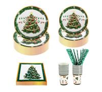 CEILIWEN Ensemble de vaisselle de fête de Noël pour 25 invités - Assiettes en carton vertes - Serviettes, tasses et pailles - 22,9 cm et 17,8 cm - Décoration de Noël pour le Nouvel An