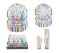 CEILIWEN Ensemble de vaisselle de fête sur le thème des lapins pour 25 invités, assiettes en papier à carreaux colorées, gobelets, serviettes et pailles - pour Pâques, anniversaire, fête de printemps