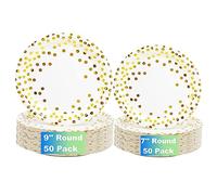 CEILIWEN Lot de 100 assiettes en carton blanches et dorées - 50 assiettes en carton de 22,4 cm pour dîner et 50 assiettes en carton de 18,2 x 18,2 cm pour dessert - Assiettes jetables - Accessoires de