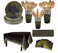 CEILIWEN Lot de 201 accessoires de fête à thème noir et doré comprenant assiette, tasse, paille, nappe, serviette, fourchette, couteau, cuillère, vaisselle de fête