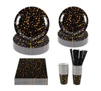 CEILIWEN Service de table de fête 125 pièces avec motif étoiles noires et dorées - Assiettes, serviettes, gobelets et pailles en papier d'aluminium de 22,9 cm et 17,8 cm - Pour Noël, anniversaire
