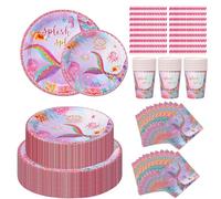 CEILIWEN Service de table de fête d'anniversaire sirène 144 pièces pour 24 invités comprenant une assiette en carton de 22,9 cm et 17,8 cm, une tasse, une serviette, une paille, des fournitures de