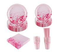 CEILIWEN Service de table de fête sur le thème du cœur rose pour 25 invités - avec assiettes, gobelets, serviettes et pailles en carton de 22,9 cm et 17,8 cm - Pour la Saint-Valentin, la fête des