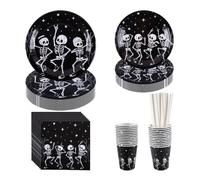 CEILIWEN Service de table en papier pour Halloween pour 25 invités | Ensemble d'assiettes, tasses et serviettes de table Motif tête de mort Noir et blanc Pour Halloween, fête costumée