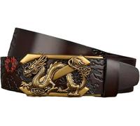 Ceinture à Cliquet en Cuir Véritable La pour Hommes avec Boucle en Or Dragon Automatique Gravée 1 3/8, Les Meilleurs Cadeaux pour Lui, Coffee, 120cm/47
