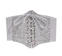 Ceinture abdominale amincissante à paillettes, large, élastique, taille élastique, avec robe, maillot de corps, avec corde, sceau de taille, ceinture abdominale argentée, argenté, taille unique